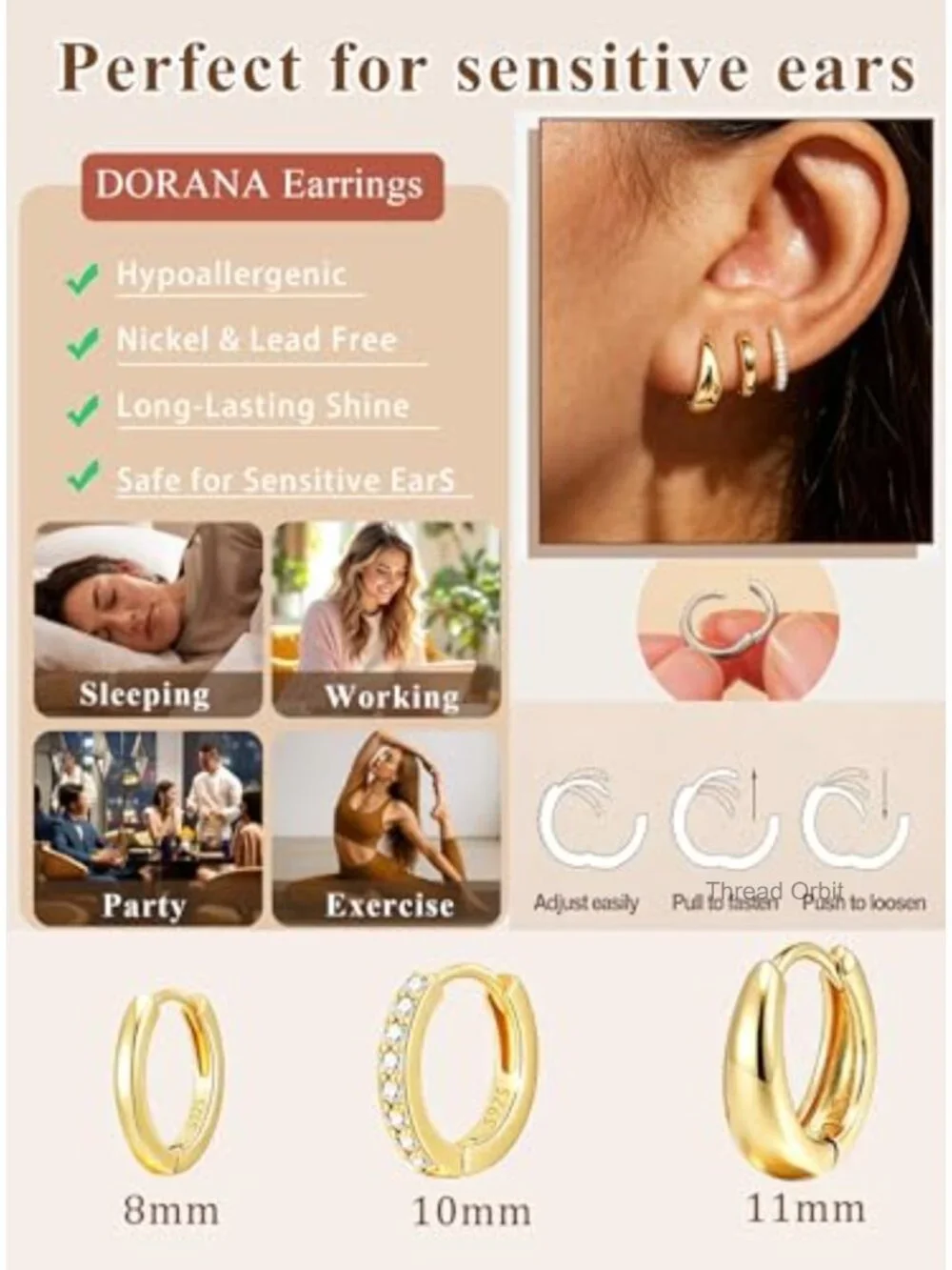 Sterling Silver Gold Plated Huggie Hoop Earrings Set 3 Pairs Hypoallergenic